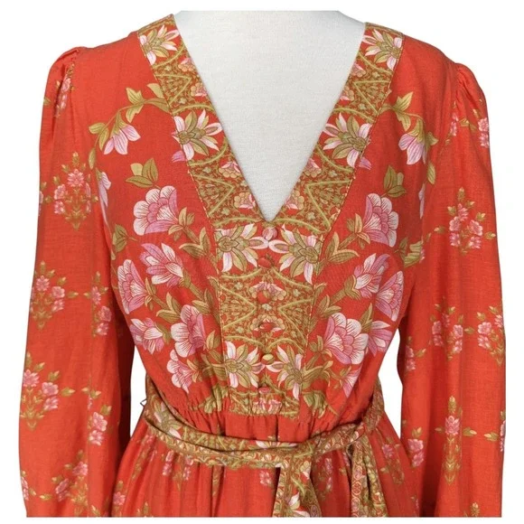 A Loves A Linen Blend Long Sleeve Floral Tapestry Maxi Dress Tie Waist Medium - Picture 2 of 9